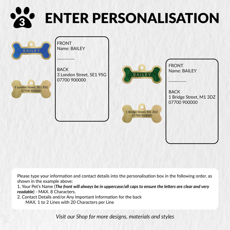 Personalised Deep Engraved with Colour Brass Bone Shaped Pet Tag