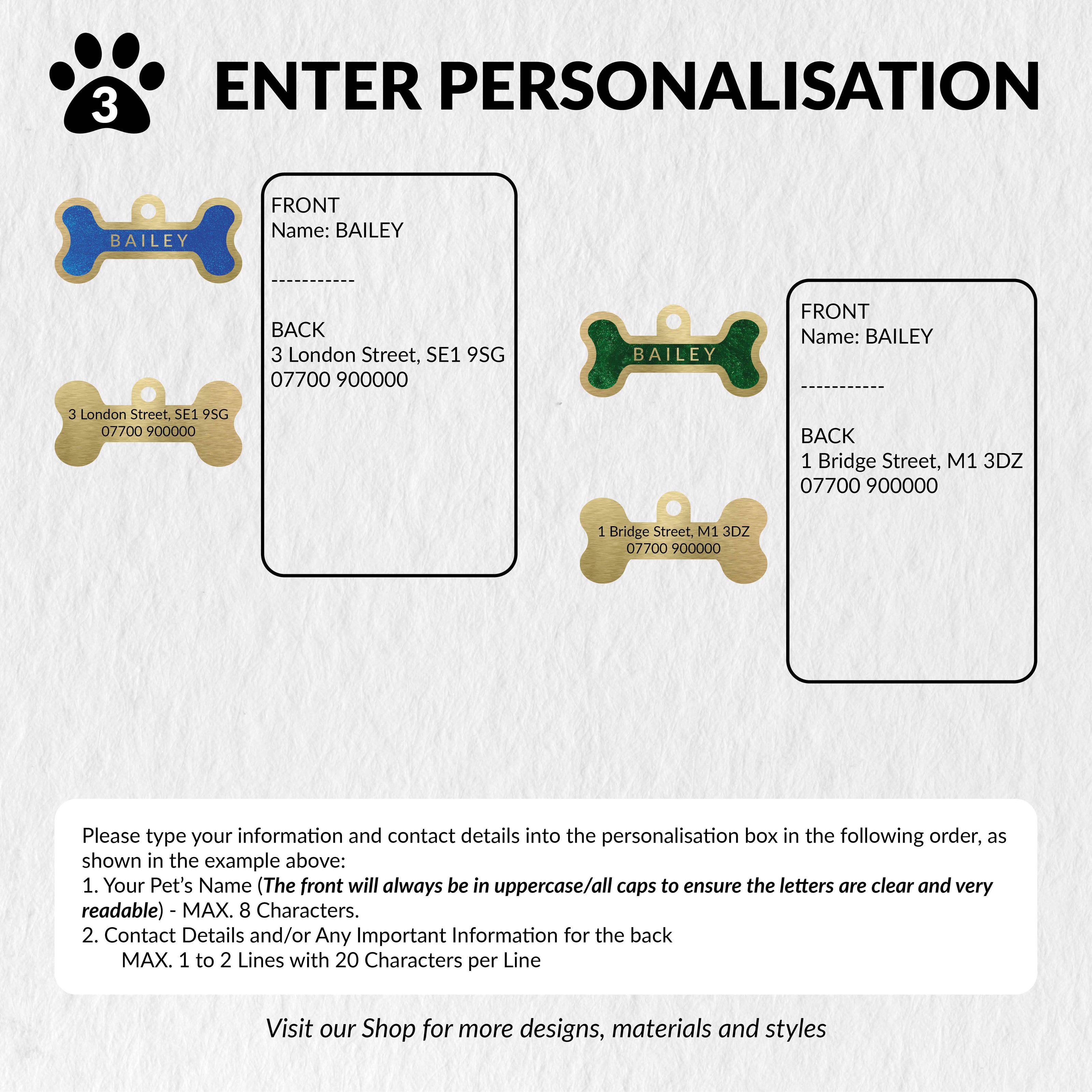 Personalised Deep Engraved with Colour Brass Bone Shaped Pet Tag