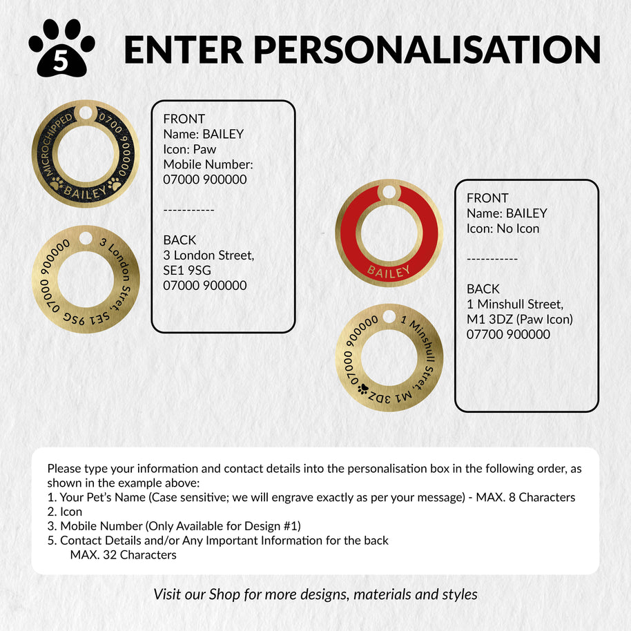 Personalised Deep Engraved with Colour Brass Ring Pet Tag
