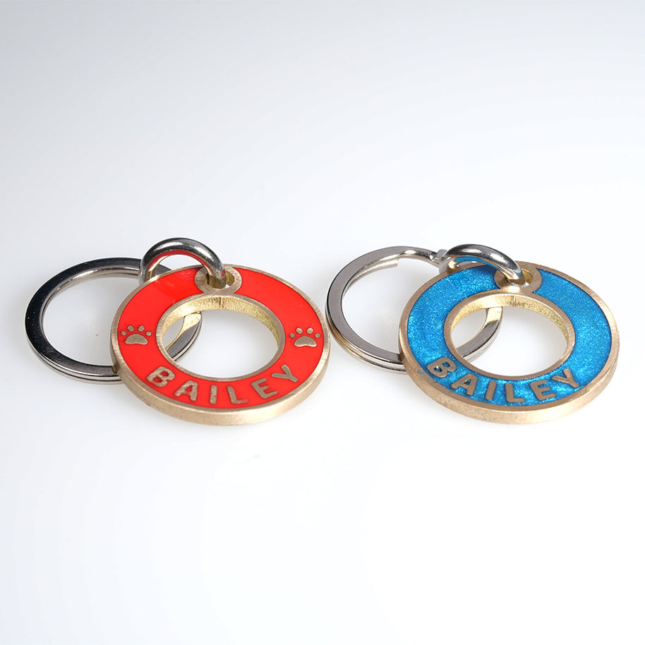 Personalised Deep Engraved with Colour Brass Ring Pet Tag